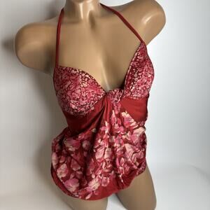 MNG Mango Red Floral Halter Top Draped Bustier Style Y2K Romantic Evening S Boho